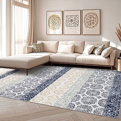 Garvee Machine Washable Bohemian Plain Brocade Pattern Non Slip Area Rugs for Living Room