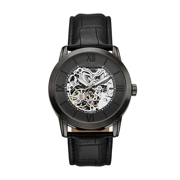 Relic by Fossil Men's Skeleton Dial Black Leather Strap Automatic