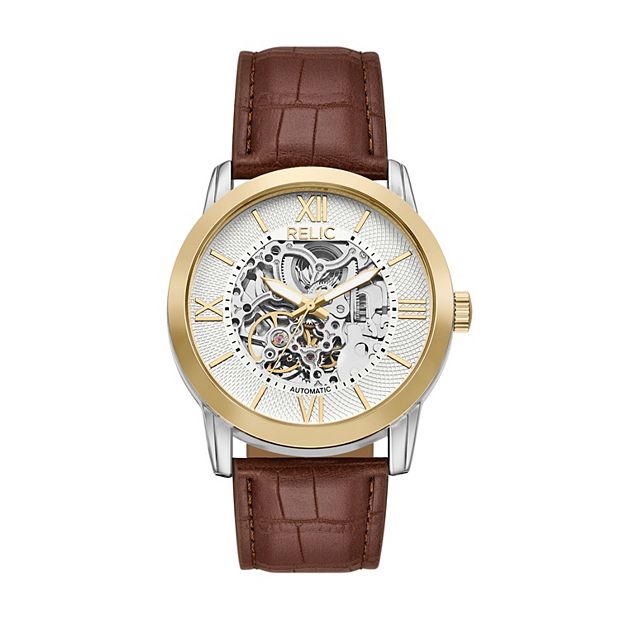 Relic by Fossil Men's Skeleton Dial Brown Leather Strap Automatic