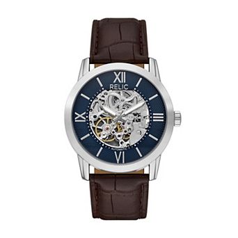 Relic by Fossil Men's Skeleton Dial Brown Faux Leather Strap Automatic Watch - ZRT0009