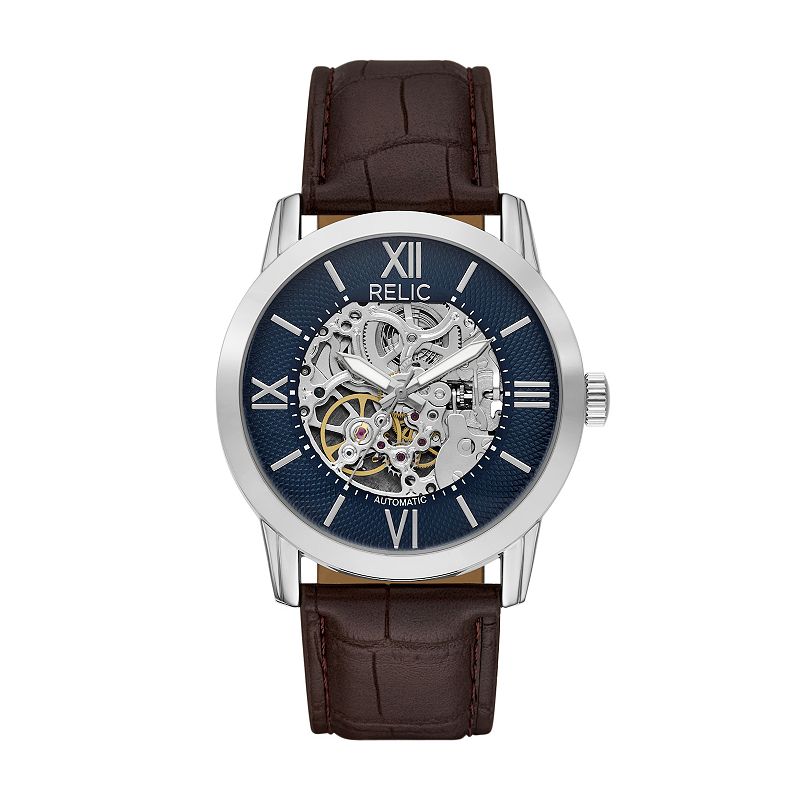 Relic by Fossil Men's Skeleton Dial Brown Faux Leather Strap