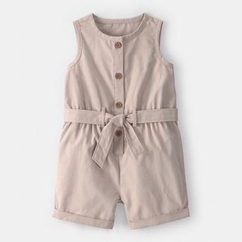 Baby Carter's Solid Canvas Sleeveless Romper with Belted Waist
