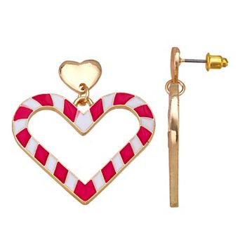 Candy Cane Gold Tone Heart Earrings