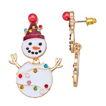Gold Tone Christmas Snowman Earrings