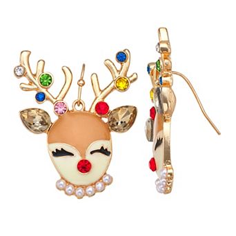 Gold Tone Red Nose Reindeer Dangle Earrings