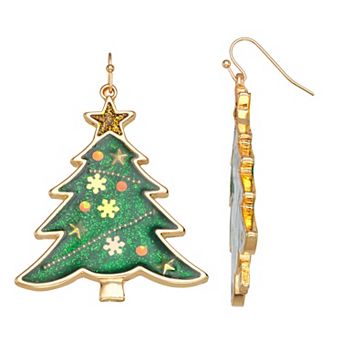 Gold Tone Enamel Christmas Tree Earrings