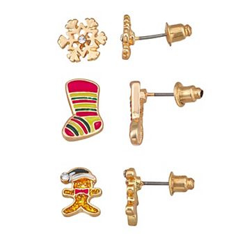 Gold-Tone Snowflake & Gingerbread 3-Pair Set Stud Earring Set