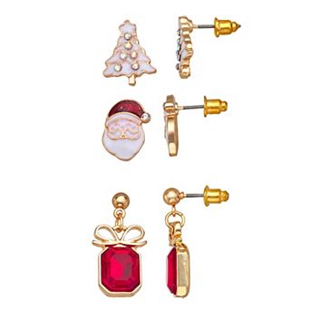 Gold Tone 3-Pair Santa Tree Stud Earring Set