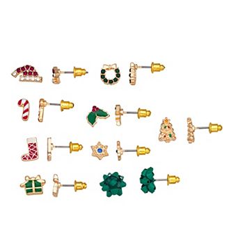 Gold Tone Christmas 9-Pair Stud Earring Set