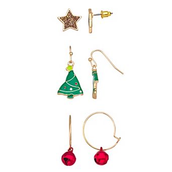 Gold-Tone Christmas Tree & Star 3-Pair Earrings