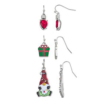 Silver Tone Christmas 3-Pair Dangle Earrings