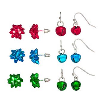 Silver Tone Bow Studs & Bell Drop 6-Pair Earrings