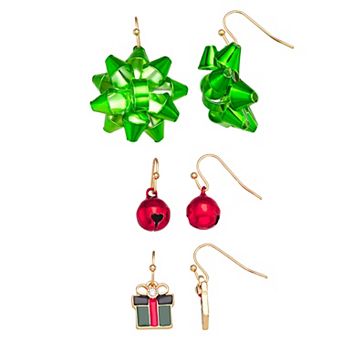 Gold Tone Gift Box Ribbon 3-Pair Earring Set