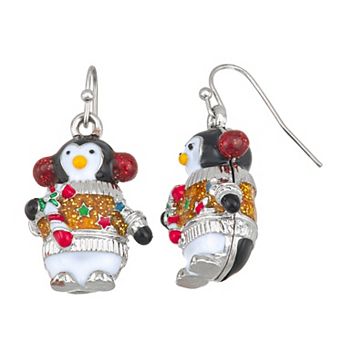 Silver Tone Holiday Penguin Dangle Earrings