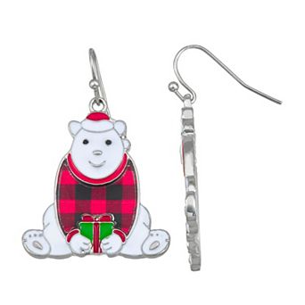Silver Tone Christmas Polar Bear Earrings