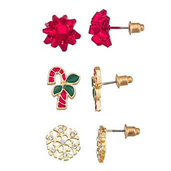 Gold Tone 3-Pair Christmas Stud Earring Set