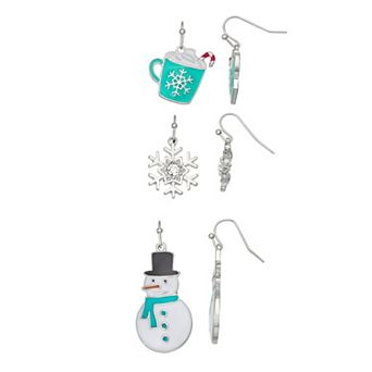 Silver Tone 3-Pair Hot Chocolate Snowmen Earring Set