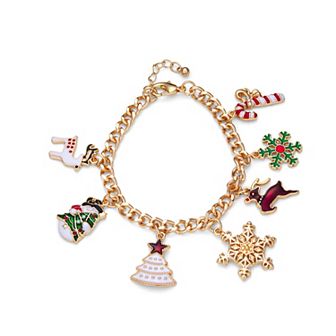Gold Tone Reindeer & Snowflake Christmas Charms Bracelet