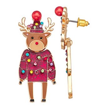 Gold Tone Reindeer Sweater Dangle Earrings