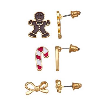 Gold Tone 3-Pair Christmas Enamel Gingerbread & Candy Cane Earring Set