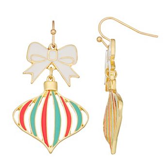 Gold Tone Christmas Ornament & Bow Drop Earrings