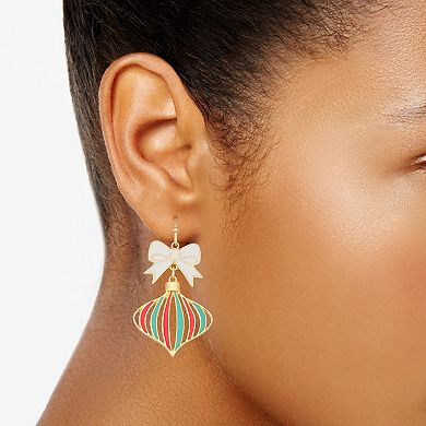 Gold Tone Christmas Ornament & Bow Drop Earrings