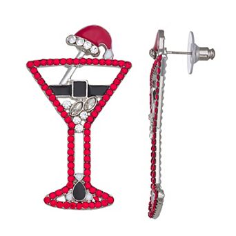 Silver Tone Martini Santa Earrings