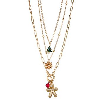 Gold Tone Christmas Charm Layered Necklace