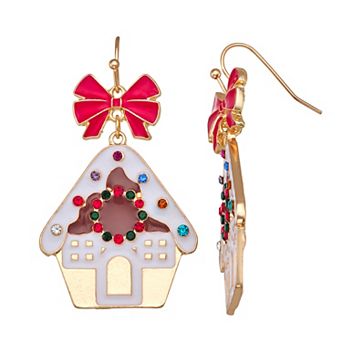 Gold Tone Gingerbread House Earrings