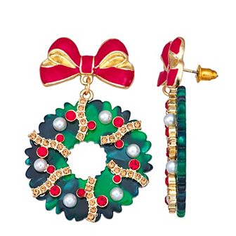 Gold Tone Holiday Wreath Dangle Earrings