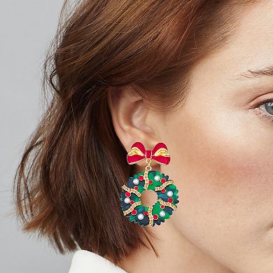 Gold Tone Holiday Wreath Dangle Earrings