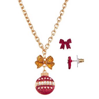 Gold Tone Ornament Pendant Necklace & Bow Stud Earring Set