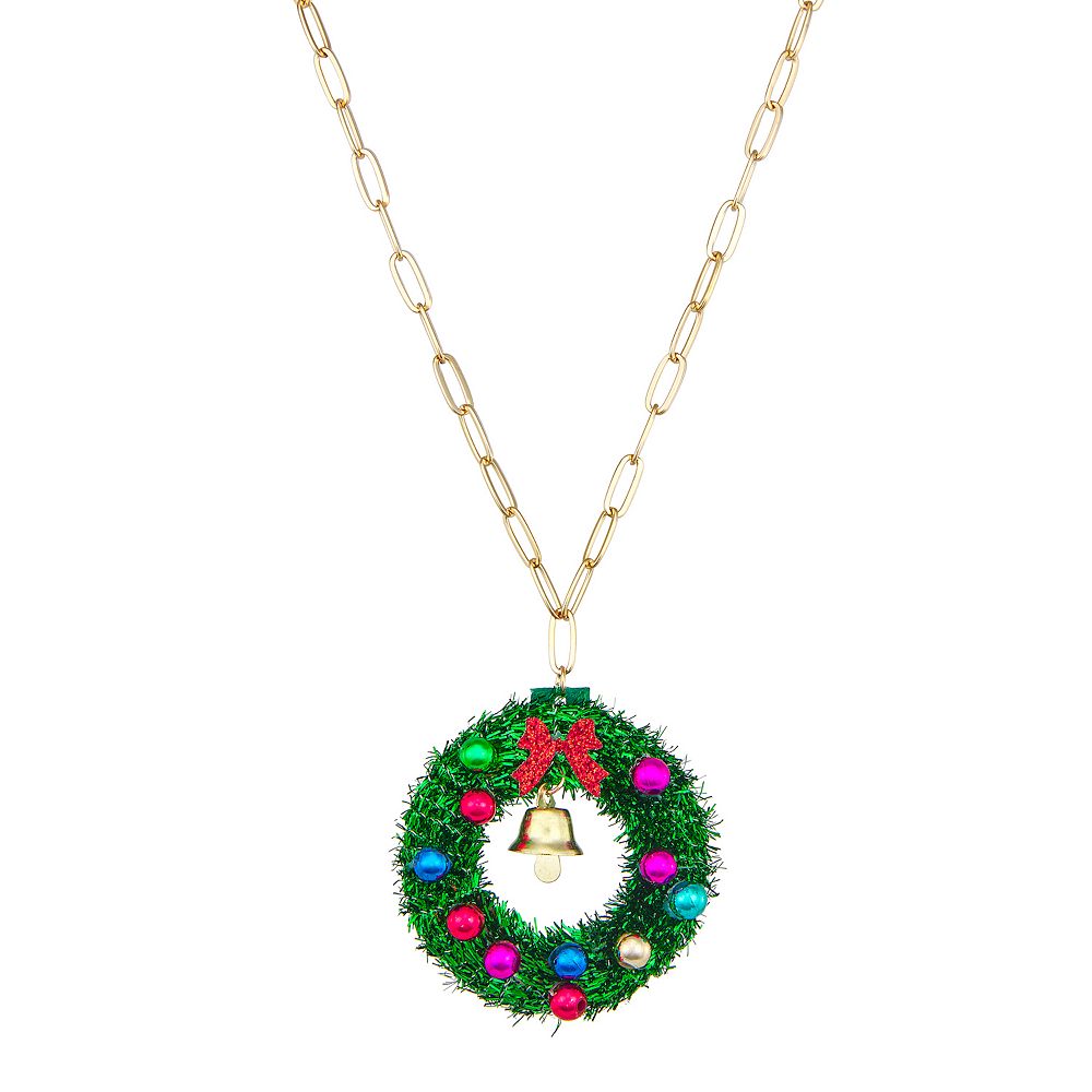 Gold Tone Christmas Wreath Pendant Necklace