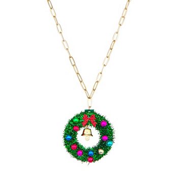 Gold Tone Christmas Wreath Pendant Necklace