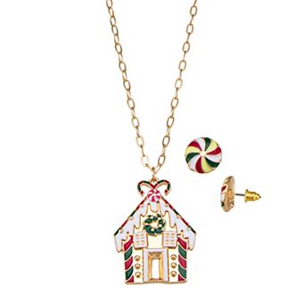 Gold Tone Gingerbread House Necklace & Earrings Set