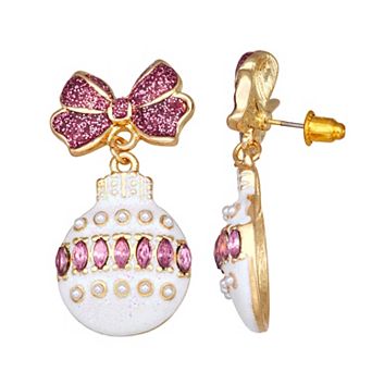 Gold Tone Glitter Bow Ornament Earrings