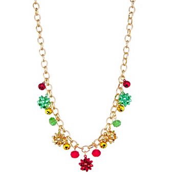 Gold Tone Christmas Present Bow Charm Necklace