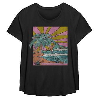 Plus Size Vintage Tropical Beach Scene Flowy Graphic Tee