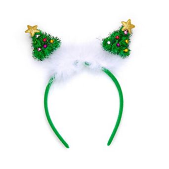 Christmas Tree Headband With Pom Poms & Glitter Stars