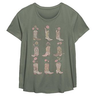 Plus Size Vintage Cowgirl Boots and Flowers Flowy Graphic Tee