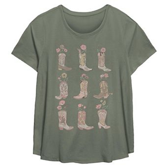 Plus Size Vintage Cowgirl Boots and Flowers Flowy Graphic Tee
