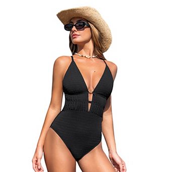 Women's Cupshe Plunging Neck Cutouts Textured One-Piece Swimsuit