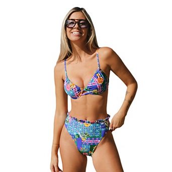Women's Cupshe Floral Push Up Swim Top & Cheeky High Waisted Bikini Swim Bottoms Set