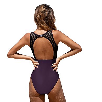 Women's Cupshe Tummy Control High Neck Cutout Back Hook Mesh One-Piece Swimsuit
