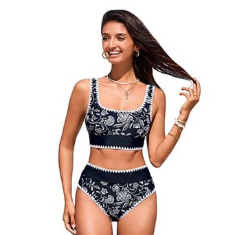 Women's Cupshe Scoop Neck Tank Wide Straps Midkini Swim Top & High-Rise Swim Bottoms Set