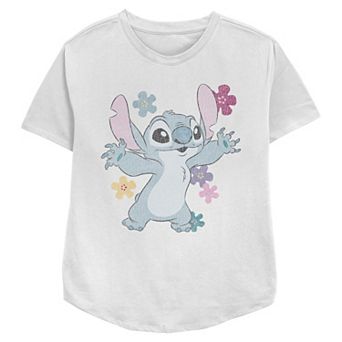 Disney's Lilo & Stitch Happy Pose Faded Flowers Women's Relaxed Fit Graphic Tee