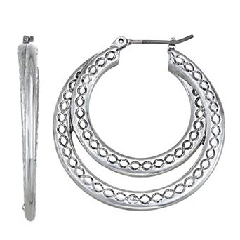 Napier Silver Tone Pattern Double Hoop Earrings