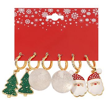 Gold Tone Tree Santa Holiday 3-Pair Earring Set