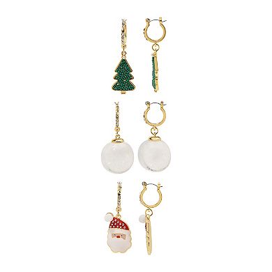 Gold Tone Tree Santa Holiday 3-Pair Earring Set