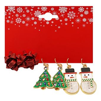 Gold Tone Bow Tree Snowman 3-Pair Earring Set